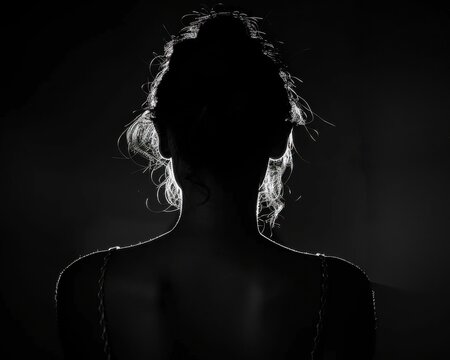 Back Lit Female Silhouette in Shadow. Anonymous Avatar Concept in Black Background - Powered by Adobe