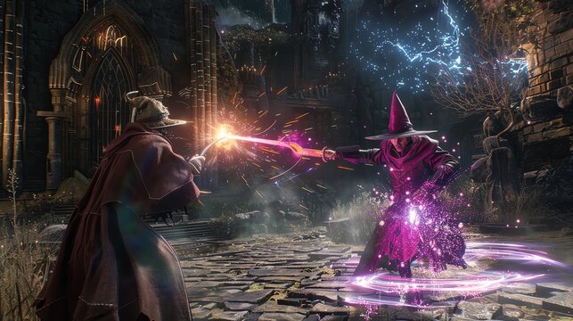 A video game screenshot of two mages battling each other.