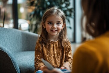 Happy little girl telling story to child psychologist during therapy session in cozy modern office , ai