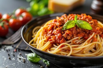 Delicious spaghetti bolognese with basil and parmesan cheese on dark background
