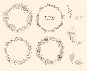 Line art autumn wreaths and floral corners, line art drawing, botanical vector illustration, floral border set