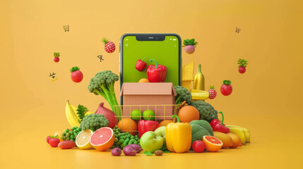 "Food delivery app concept highlighting fast service. Background features a smartphone with an online shop interface showcasing a selection of healthy fruits and vegetables."