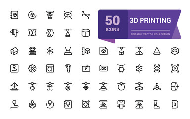 3D printing outline icon set. Print technology editable stroke line symbols. Computer aided design (CAD), digital model, rapid prototyping icon collection.