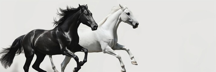 Obraz premium High-Resolution Image of Two Galloping Horses, One Black and One White, Isolated on a Clean White Background. Perfect for Equestrian Projects and Designs