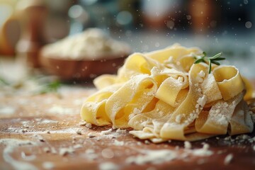 Fresh egg pasta pappardelle sprinkled with flour on a wooden board