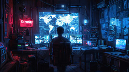 Fototapeta premium Atmospheric digital illustration of a person in a rainy cyberpunk environment with neon lights displaying the word 