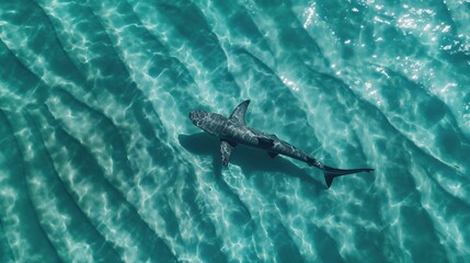 Majestic shark gracefully swimming in the deep blue sea with sunlight reflections, creating a captivating underwater scene