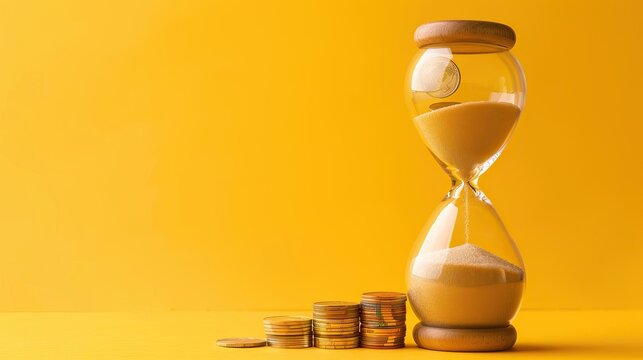 Time and Money: Simple Illustrations of Hourglasses Filled with Coins in Various Backgrounds. AI generated image