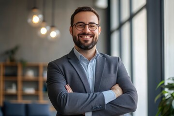 Fototapeta premium Happy successful businessman or company employee standing in office looking at camera , ai