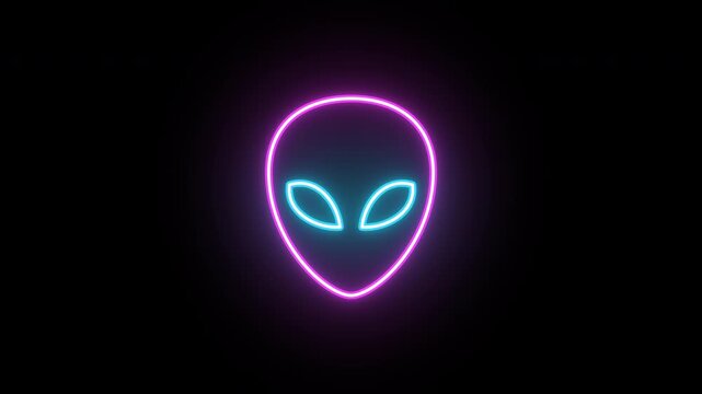 Neon alien head, color shift animation. Glowing neon ufo alien icon, looped color animation. Space alien face, extraterrestrial, martian emoji, humanoid, space stranger. Blue, magenta color