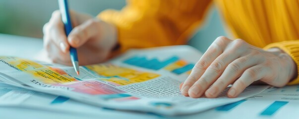 Close-up of a person analyzing a newspaper with colorful highlights using a pen. The image represents analysis, creativity, and information processing.