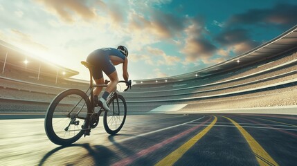 Professional cyclist racing in a velodrome with intense focus. The curve of the track adds to the excitement of the competition.