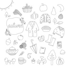 illustration set of autumn holiday black line drawing. Cute hygge motif elements doodle in flat style design. For poster, card, scrapbooking, invitation, graphic resource, social media, print