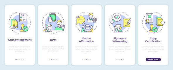 Notarization types onboarding mobile app screen. Walkthrough 5 steps editable graphic instructions with linear concepts. UI, UX, GUI template. Montserrat SemiBold, Regular fonts used