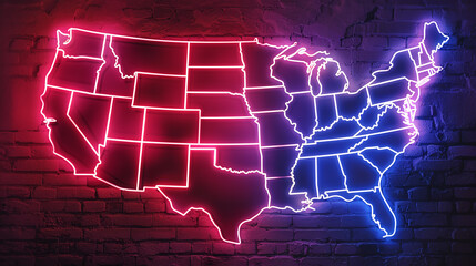 Political Divide: A neon map of the United States illustrating bipartisanship. The contrasting red and blue neon outlines of the United States map symbolize the political 