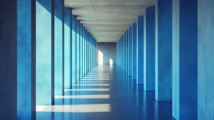 Obraz premium Minimalist Blue Concrete Corridor with Geometric Columns