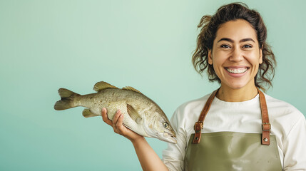 Smiling woman in apron holding fresh fish, fishing and seafood industry, fresh catch concept