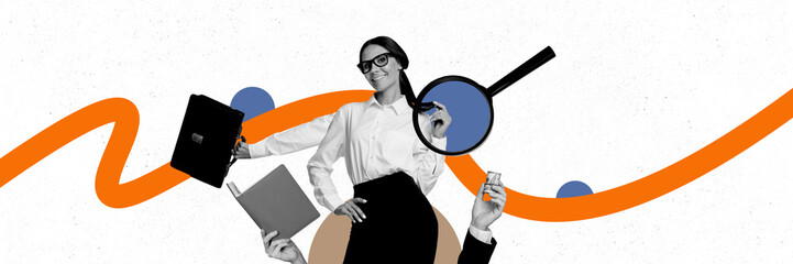 Composite panoramic collage of happy businesswoman multitask hands workload hold briefcase planner money isolated on painted background