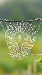 A delicate spider web glistens with dew, woven among vibrant green leaves, illuminated by the warm sunlight in a tranquil garden setting
