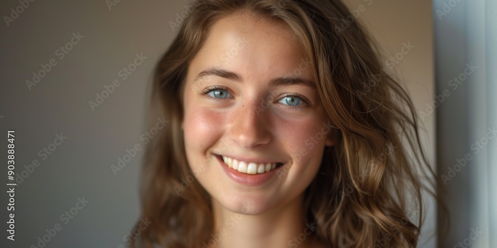 Wall mural a woman with long brown hair smiles directly at the camera, conveying confidence and friendliness