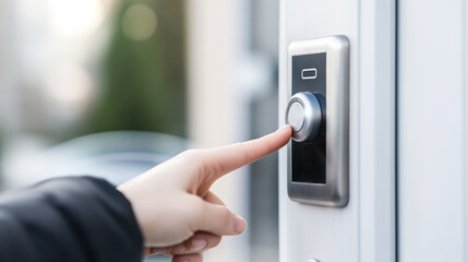 Pressing doorbell with finger, modern electronic access control system, security concept