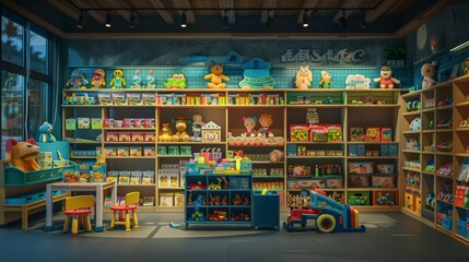 Enchanting Toy Wonderland Vibrant Shop Display Delights Evening Shoppers with Educational Treasures