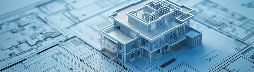 Architectural model showcasing a modern house design on a blueprint background, emphasizing structure and creativity.