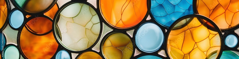 Poster a multicolored stained glass window with geometric design and shiny mosaic patterns, reflecting ligh