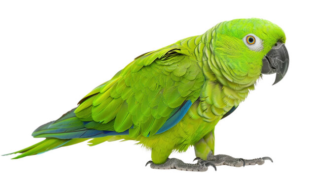 A green parrot is standing on a white background. The bird is looking at the camera. The image has a calm and peaceful mood