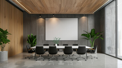 Office meeting room presentation style Minimalist design sized Small Room Empty big screen Frame Mockup chair cement wall background