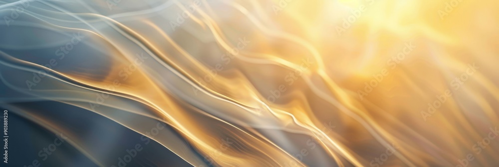 Poster an abstract image features flowing golden and blue light waves, creating a mesmerizing visual effect