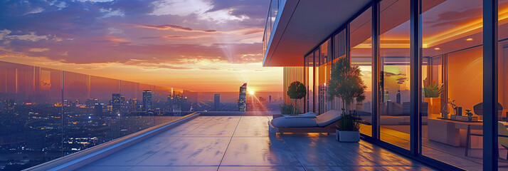 Luxury at its height: a penthouse with a terrace, a lounge balcony, a huge balcony in the penthouse with a gorgeous view of the city and the colourful sky in the rays of the setting sun. 
