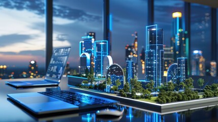 Cityscape Model on Desk with Laptop