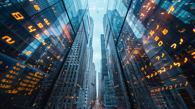 Dynamic Financial District Skyline with Skyscrapers and Stock Market Data