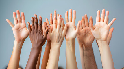 Acceptance is in the hands of all of us Lots of people raising their hands on the white background. Isolate