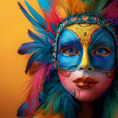 Obraz premium Brazilian flag-themed carnival mask adorned with vibrant sequins and feathers isolated on a gradient background
