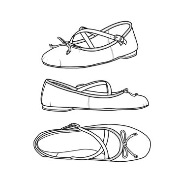 Pair of ballet shoes round-toe stylish with bow accessories and strap-on top. Vector illustration. Line drawing sketch, isolated vector on a white background.