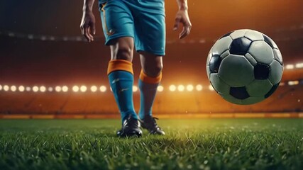 football player's legs, ball close-up stadium