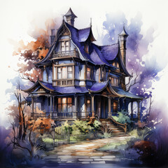 Obraz premium Watercolor Haunted house, clipart Illustration, Generative Ai