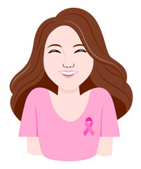 Smiling woman in pink. Breast cancer awareness month. Vector illustration.
