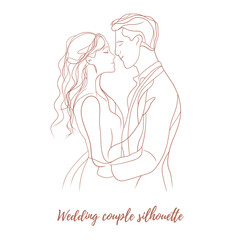 Vector love couple hugging wedding woman with long hair hugging man in suit. Line art illustration. Man and woman hug. Wedding invitation. Save the date. Great for any designs, textile, art, walls