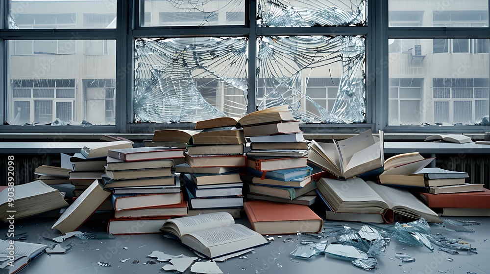Poster a classroom under attack with broken windows and scattered books representing international day to p