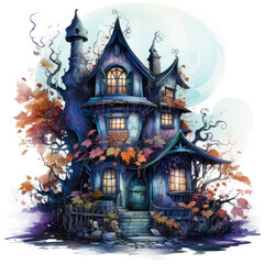 Watercolor Haunted house, clipart Illustration, Generative Ai