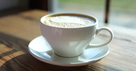Fresh coffee with whipped cream in ceramic cup on wooden table closeup. Aromatic freshly brewed drink to burst energy in morning. Coffee shop service