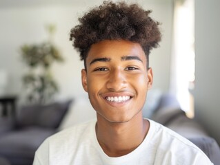 Fototapeta premium A happy young man with curly hair smiling directly at the camera