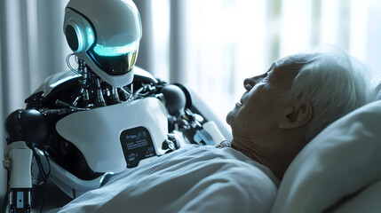 An artificial intelligence robot is taking care of a sick elderly person
