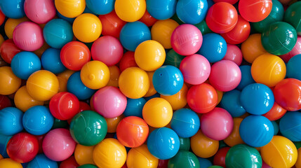 "Background of vibrant plastic balls scattered across a children's playground, creating a playful and colorful scene."