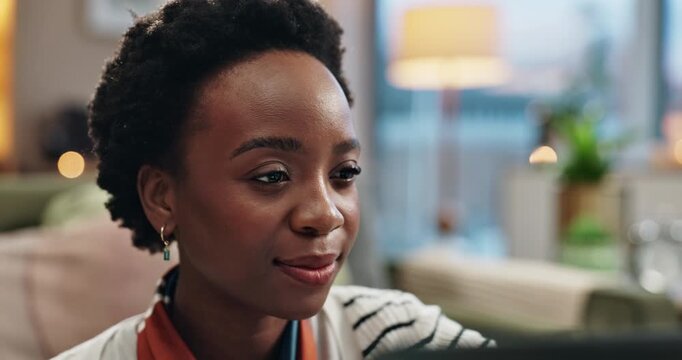 Home, laptop and black woman with smile, online and happy for copywriting of article, night and lounge. Living room, remote working and proofreading of writer with connection, person and house