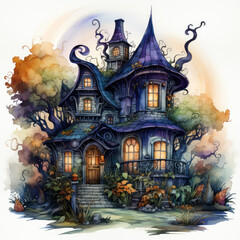 Watercolor Haunted house, clipart Illustration, Generative Ai