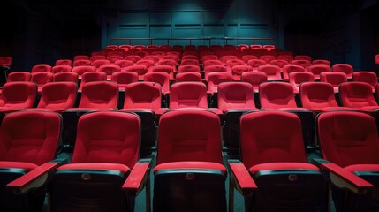 Obraz premium Rows of empty red seats in a dimly lit theater auditorium, awaiting audience for a performance or movie screening.